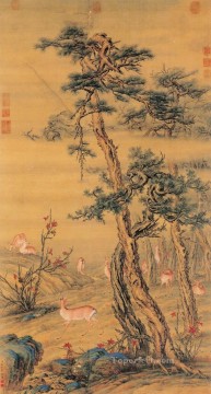 中国 Painting - 秋のラング輝く鹿アンティーク中国